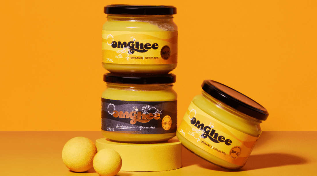 Premium Australian Biodynamic and Australain organic Ghee jars on yellow background