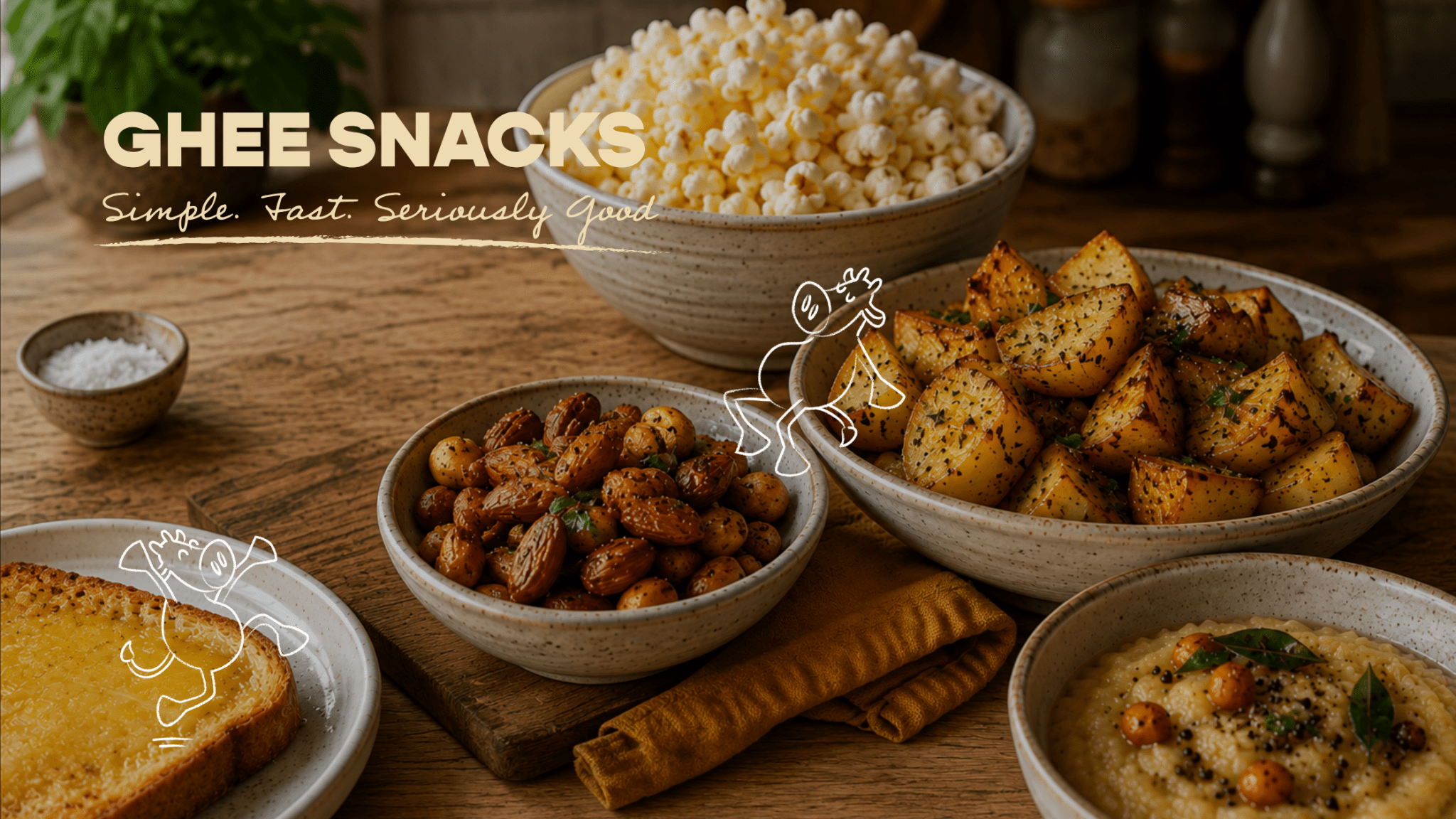 A selection of ghee snacks, ghee popcorn and ghee nuts on a table with a plant in the background.