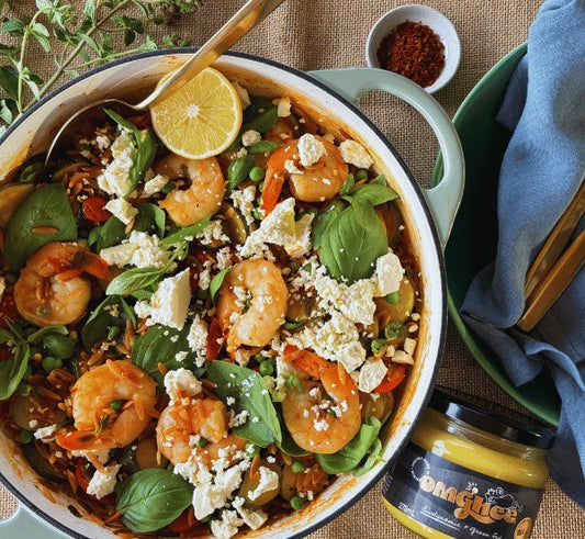 Greek-ish Orzo with Garlicky-Ghee Prawns - OMGhee