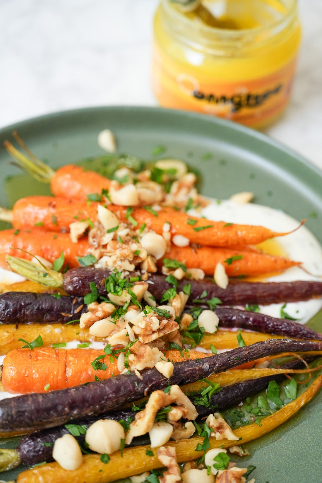 Honey Roasted Ghee Carrots with Herby Greek Yoghurt & Roasted Walnuts - OMGhee