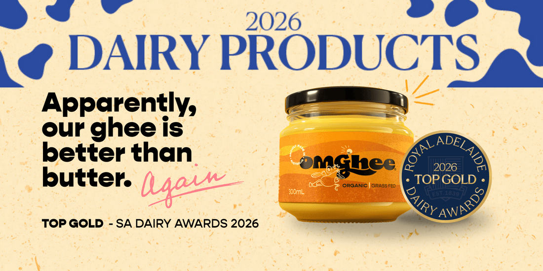 OMGhee celebrates winning Top Gold at the 2026 SA Dairy Awards, with a jar of organic grass-fed ghee alongside the official Top Gold medal.