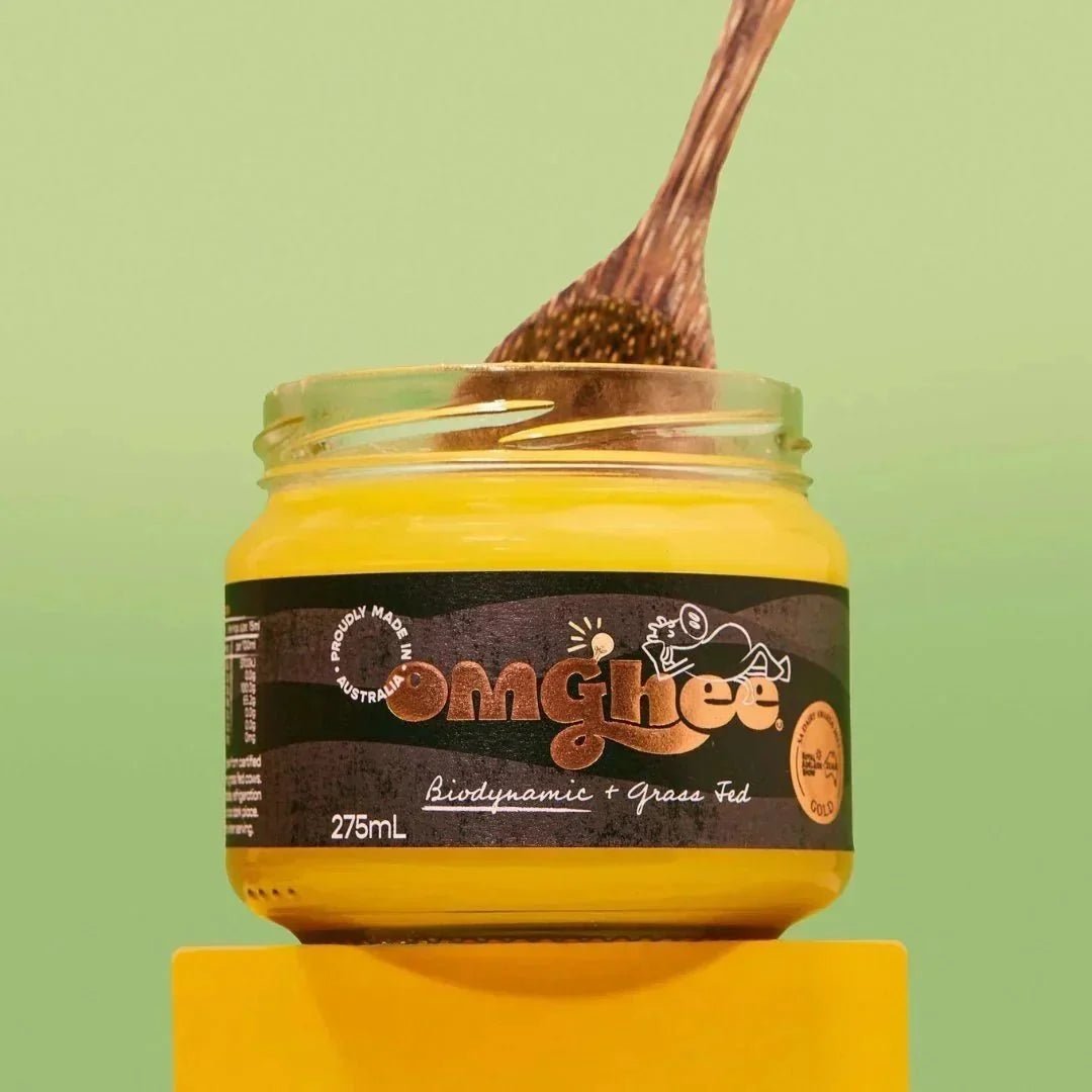 Jar of OMGhee with Green Background